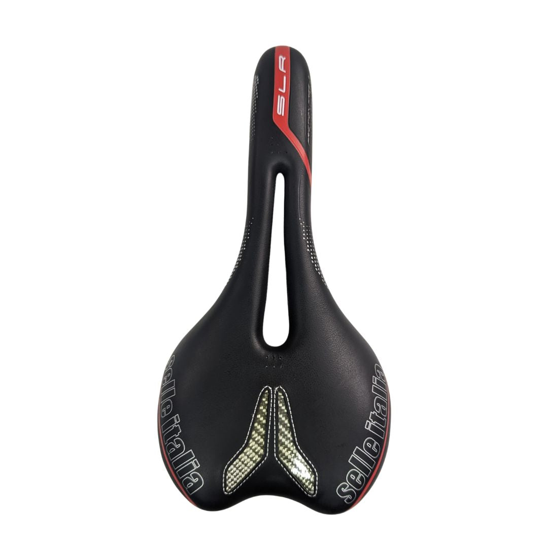 Selle Italia SLR Flow Saddle Black Red Manganese Rails 135 x 280 mm.