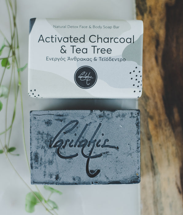 Vegan Greek Olive Oil Soap Activated Charcoal & Tea Tree 120g by Vasilakis